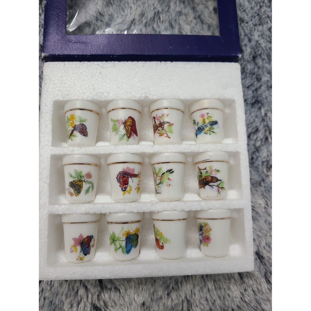Vintage Porcelain Thimble Set of 12 Hand Painted Birds Butterflies Gold Gilt Rim